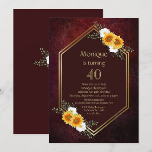 Invitation Bourgogne Gold Sunflower Floral 40e fête d'anniver