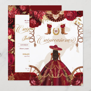 Invitation Bourgogne Gold Western Charro Quinceañera 2 faces