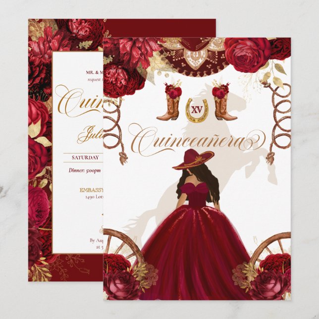 Invitation Bourgogne Gold Western Charro Quinceanera à 2 face (Devant / Derrière)