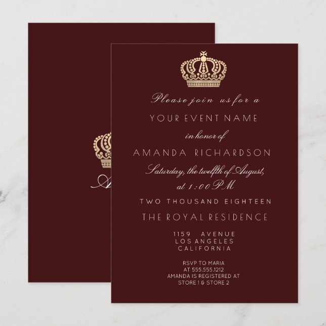 Invitation Bourgogne Golden Crown Parties scintillant royale  (Devant / Derrière)