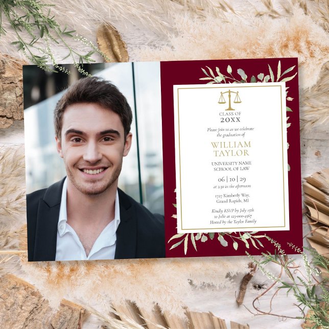 Invitation Bourgogne Green Gold Law School Photo (Burgundy Greenery Gold Law School Graduation Photo Invitation)