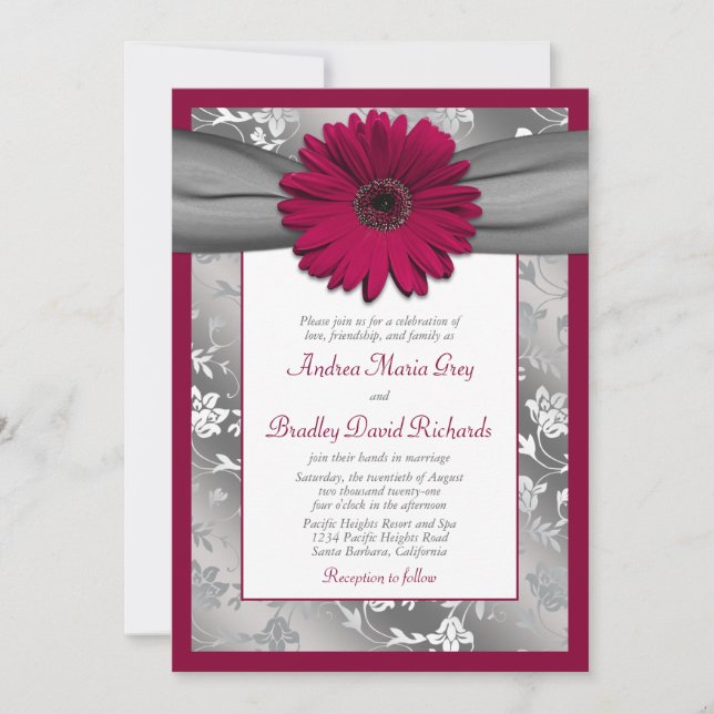 Invitation Bourgogne Gris Daisy Floral Mariage damassé (Devant)