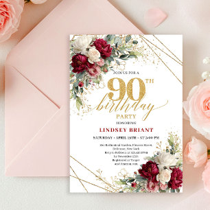 Invitation Bourgogne intemporel et roses blanches pour 90e an