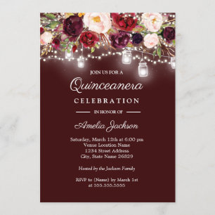 Invitation Bourgogne Lumières florales 15ème Quinceanera Invi