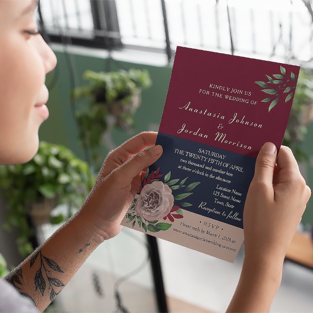 Invitation Bourgogne Mariage Floral tout en un (Créateur téléchargé)