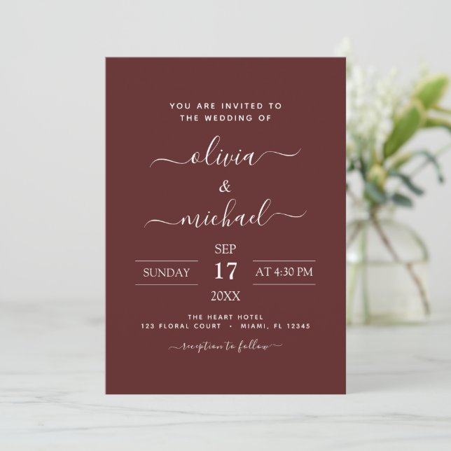 Invitation Bourgogne Mariage romantique Typographie moderne (Debout devant)