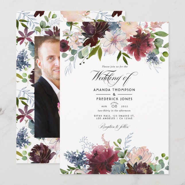 Invitation Bourgogne, Marine et Blush Floral Mariage Update I (Devant / Derrière)