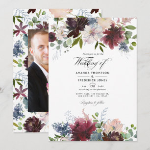 Invitation Bourgogne, Marine et Blush Floral Mariage Update I