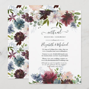 Invitation Bourgogne, Marine et Blush Floral Mariage virtuel