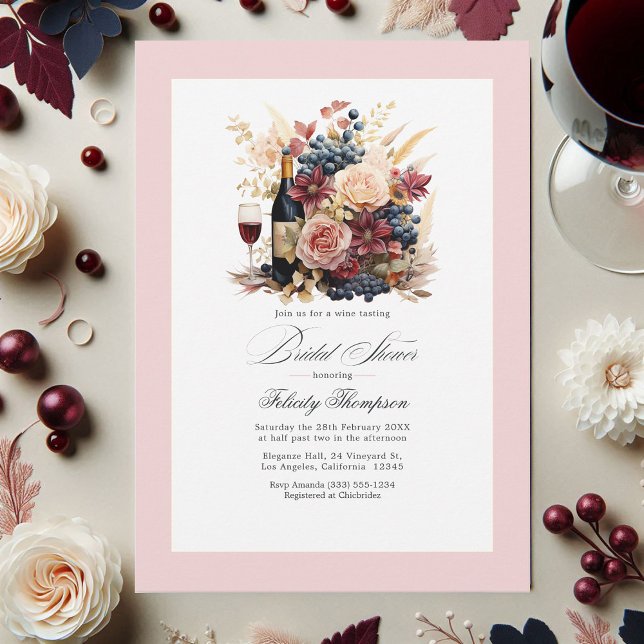 Invitation Bourgogne, Marine et Blush Floral Wine Fête des ma (Burgundy, Navy and Blush Floral Wine Bridal Shower Invitation)