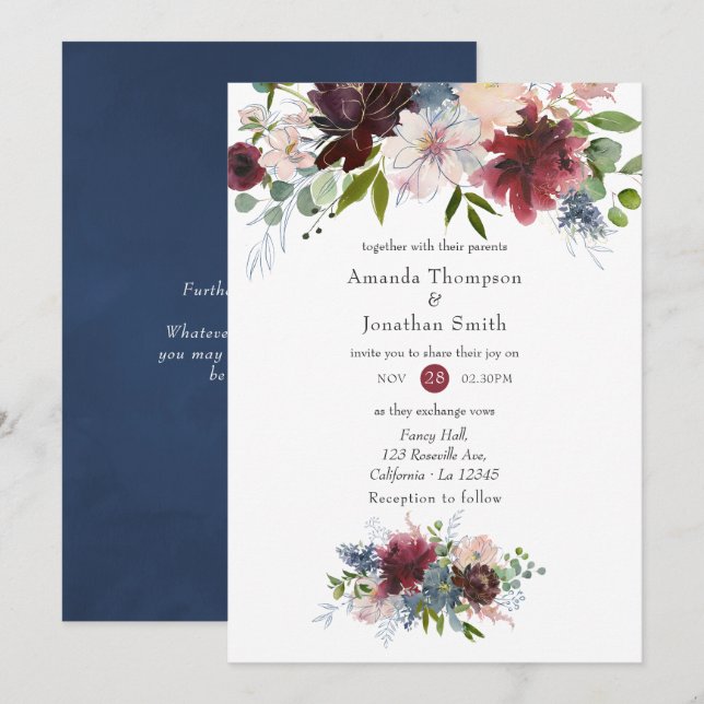 Invitation Bourgogne, marine et Mariage floral rose pâle (Devant / Derrière)