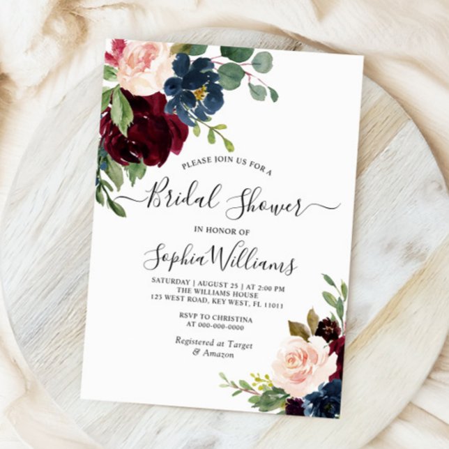 Invitation Bourgogne & Marine Floral Bridal Showboat Invitati (Créateur téléchargé)