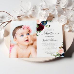 Invitation Bourgogne & Marine Floral Photo Dedication Invitat