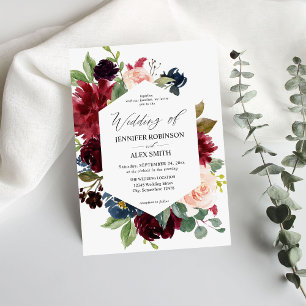 Invitation Bourgogne & Marine, Mariage floral rose pâle