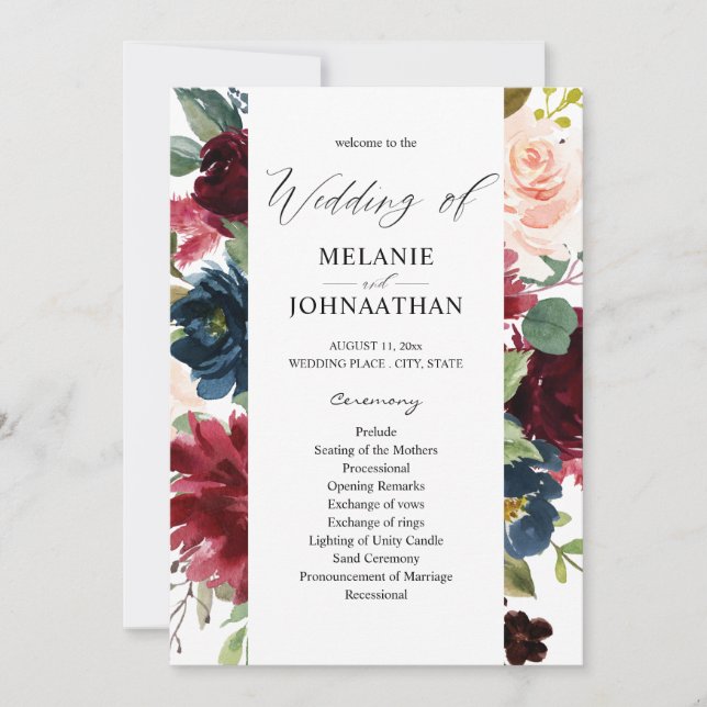 Invitation Bourgogne & Marine Pink Blush Floral Wedding Progr (Devant)