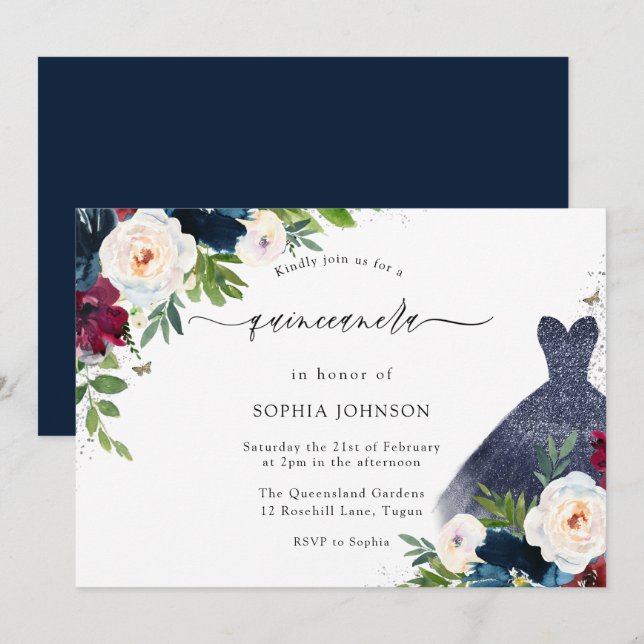 Invitation Bourgogne & Marine Robe Florale Quinceanera Party (Devant / Derrière)