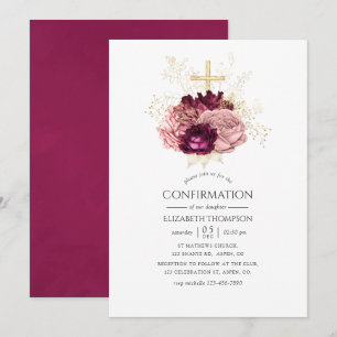 Invitation Bourgogne Marsala Blush Rose et Or Confirmation