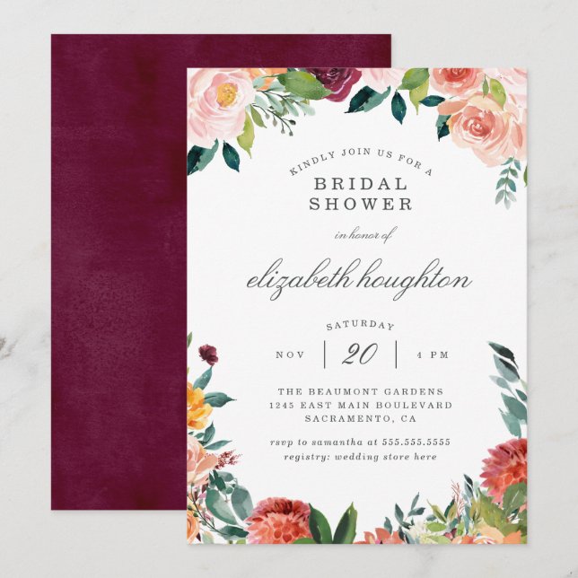 Invitation Bourgogne Marsala Blush rose Fête des mariées flor (Devant / Derrière)