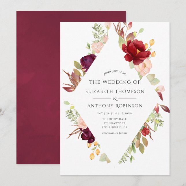 Invitation Bourgogne - Marsala et Blush Floral Mariage (Devant / Derrière)