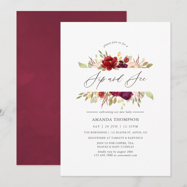 Invitation Bourgogne - Marsala et Blush Floral Sip et Voir (Devant / Derrière)