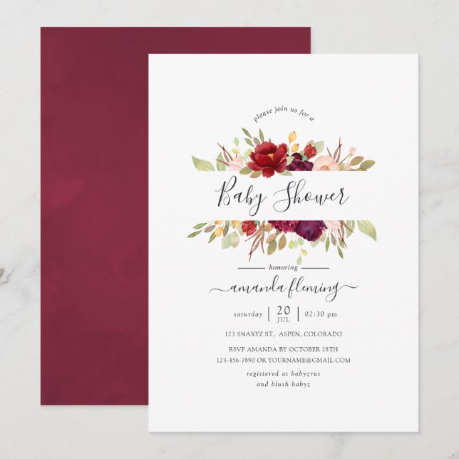 Invitation Bourgogne - Marsala et le Baby shower floral de Bl (Devant / Derrière)
