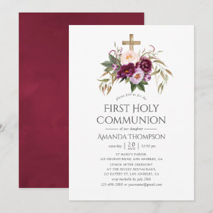 Invitation Bourgogne/Marsala et Peach Première communion sain