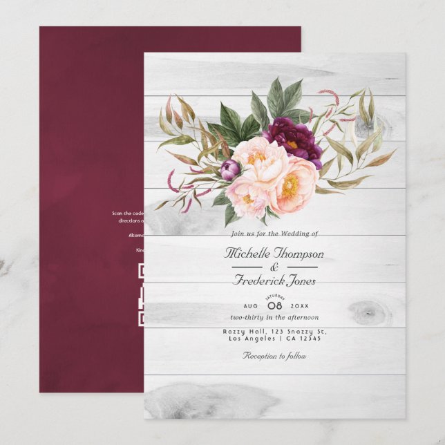 Invitation Bourgogne - Marsala et Peach Rustic Floral Mariage (Devant / Derrière)