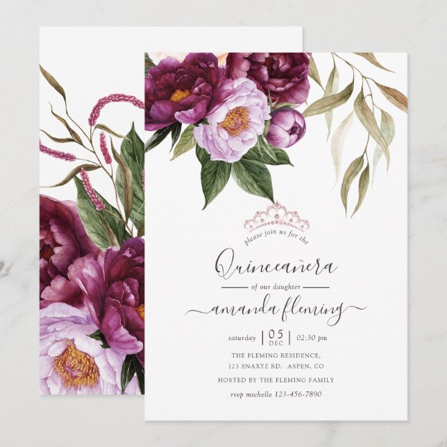 Invitation Bourgogne - Marsala et Pêche Floral Quinceañera (Devant / Derrière)