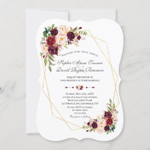 Invitation Bourgogne Marsala Fleurs Mariage Gold Frame