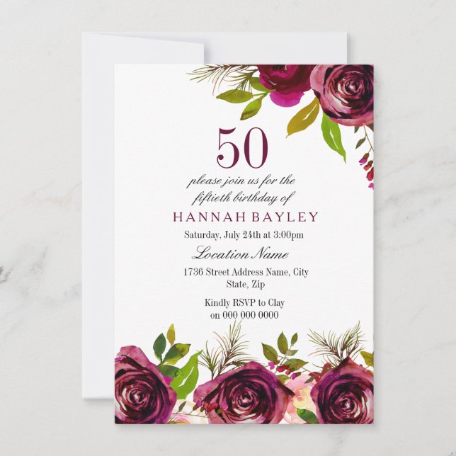 Invitation Bourgogne Marsala Floral 50e anniversaire Invitati (Devant)