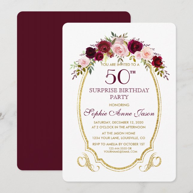 Invitation Bourgogne Marsala Floral 50e Surprix Anniversaire (Devant / Derrière)