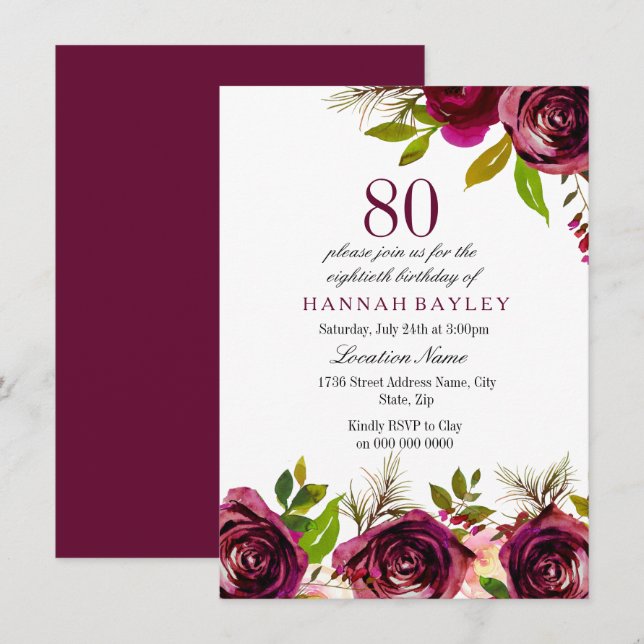 Invitation Bourgogne Marsala Floral 80e anniversaire Invitati (Devant / Derrière)