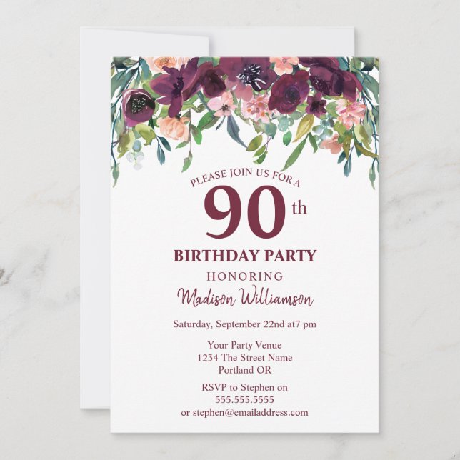 Invitation Bourgogne Marsala Floral 90e fête d'anniversaire (Devant)