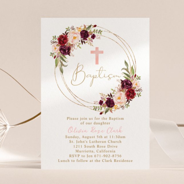 Invitation Bourgogne Marsala Floral Baptism Gold Frame (Créateur téléchargé)