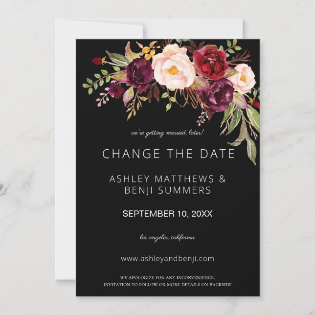 Invitation Bourgogne Marsala Floral Changement de Date - Noir (Devant)
