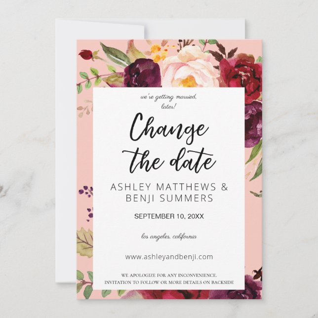 Invitation Bourgogne Marsala Floral Changer la date rose 2 V3 (Devant)