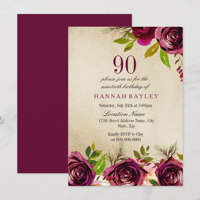 Invitation Bourgogne Marsala Floral Gold 90e anniversaire Inv (Devant / Derrière)