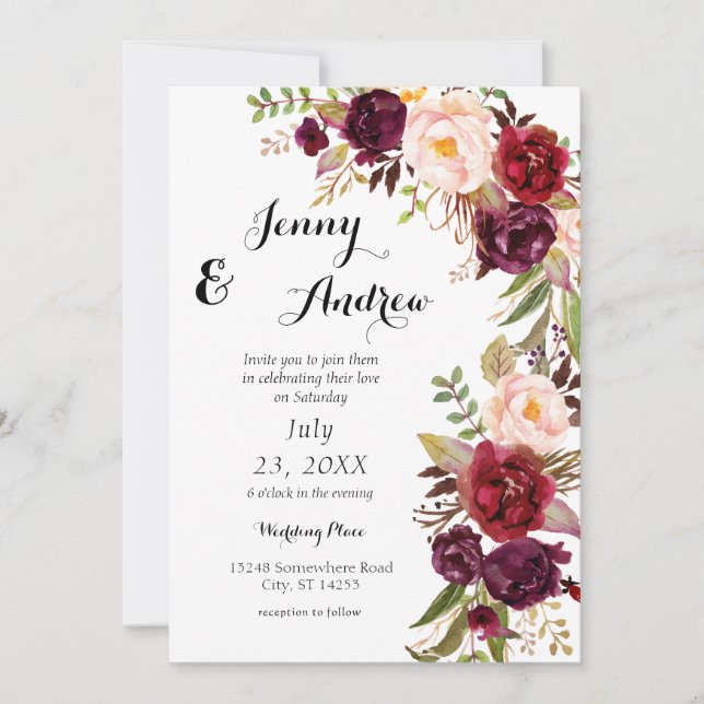 Invitation Bourgogne Marsala Floral Mariage 3 Blanc (Devant)