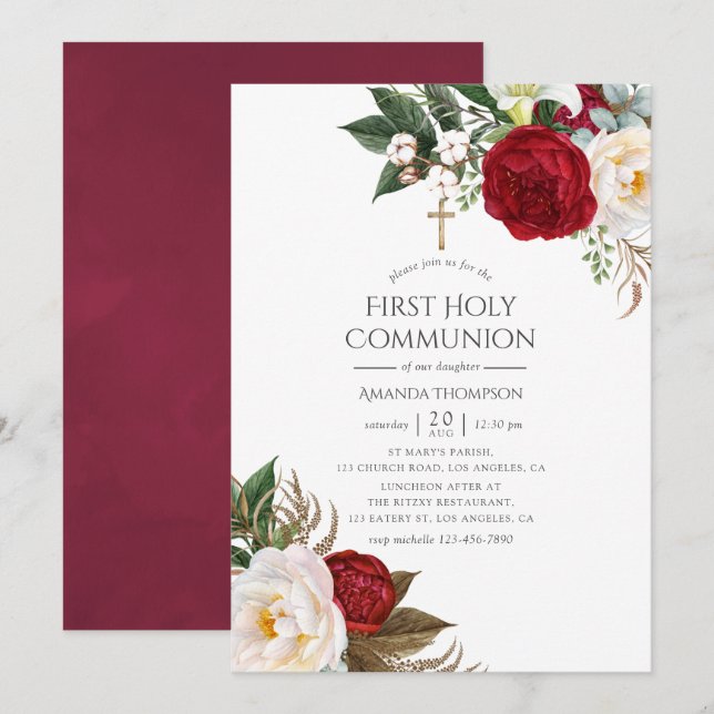 Invitation Bourgogne - Marsala Floral Première Communion Sain (Devant / Derrière)