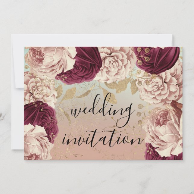 Invitation Bourgogne Marsala Mariage Rose Bleu Rose Floral (Devant)