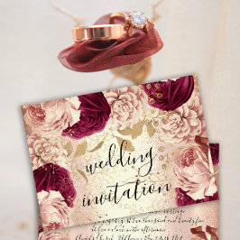 Invitation Bourgogne Marsala Mariage Rose or Roses Floral