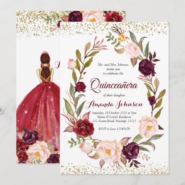 Invitation Bourgogne Marsala Princesse Quinceañera Espagnol (Devant / Derrière)