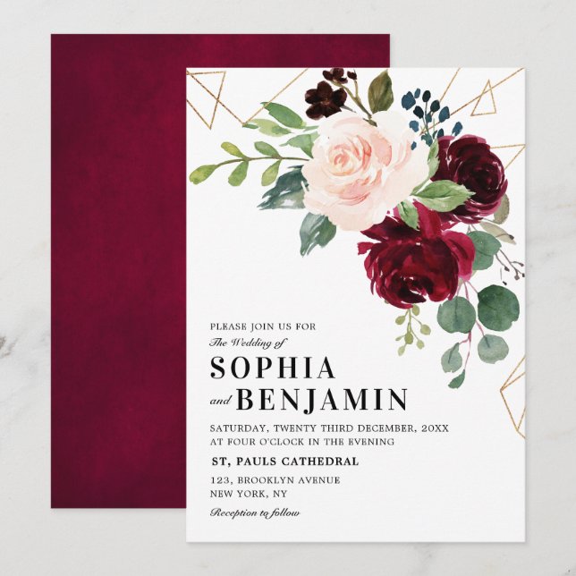 Invitation Bourgogne Marsala Rouge Blush Rose géométrique Flo (Devant / Derrière)