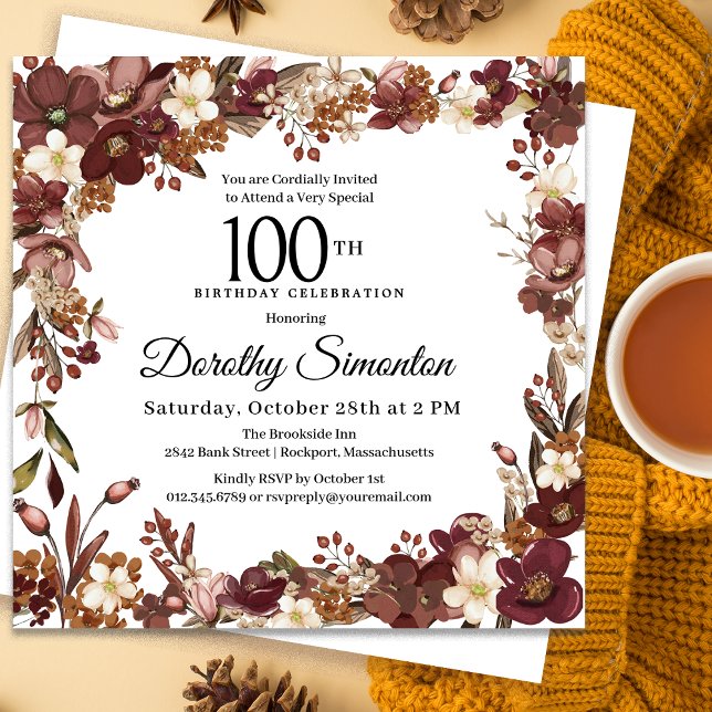Invitation Bourgogne Mauve ivoire automne floral 100e anniver (Need matching party supplies? Message me!)