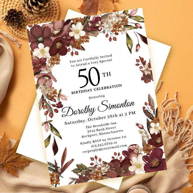 Invitation Bourgogne Mauve ivoire automne floral 50e annivers (Need matching burgundy red party supplies? Message me!)
