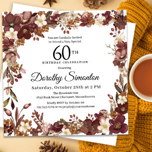 Invitation Bourgogne Mauve ivoire automne floral 60e annivers