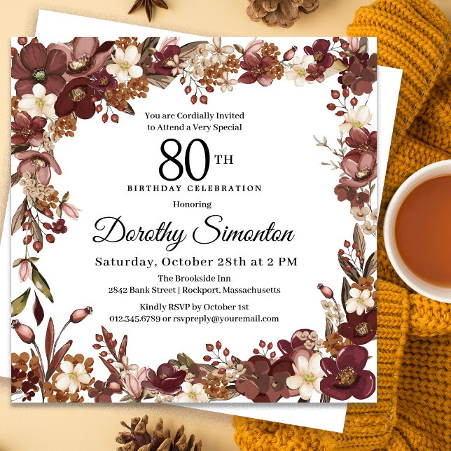 Invitation Bourgogne Mauve ivoire automne floral 80e annivers (Need matching party supplies? Message me!)