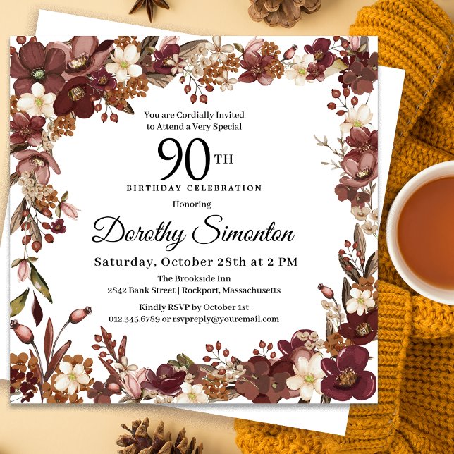 Invitation Bourgogne Mauve ivoire automne floral 90e annivers (Need matching party supplies? Message me!)