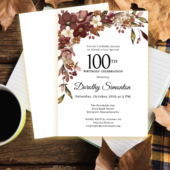 Invitation Bourgogne Mauve ivoire fleurs d'automne 100e anniv (Need matching burgundy red, mauve, ivory white party supplies? Message me!)
