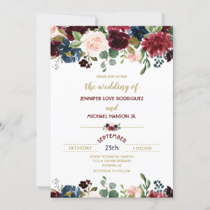 Invitation Bourgogne Merlot & Navy Blue Floral Blooms Mariage